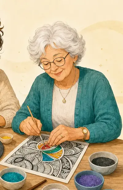Seniorka tvoří detailní zentangle obrázek z písku